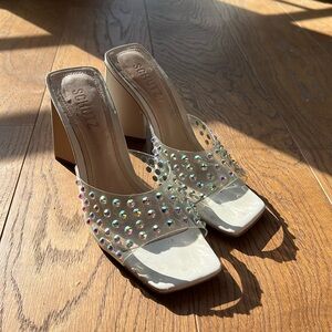 Schutz white Lizah heels with rhinestones
